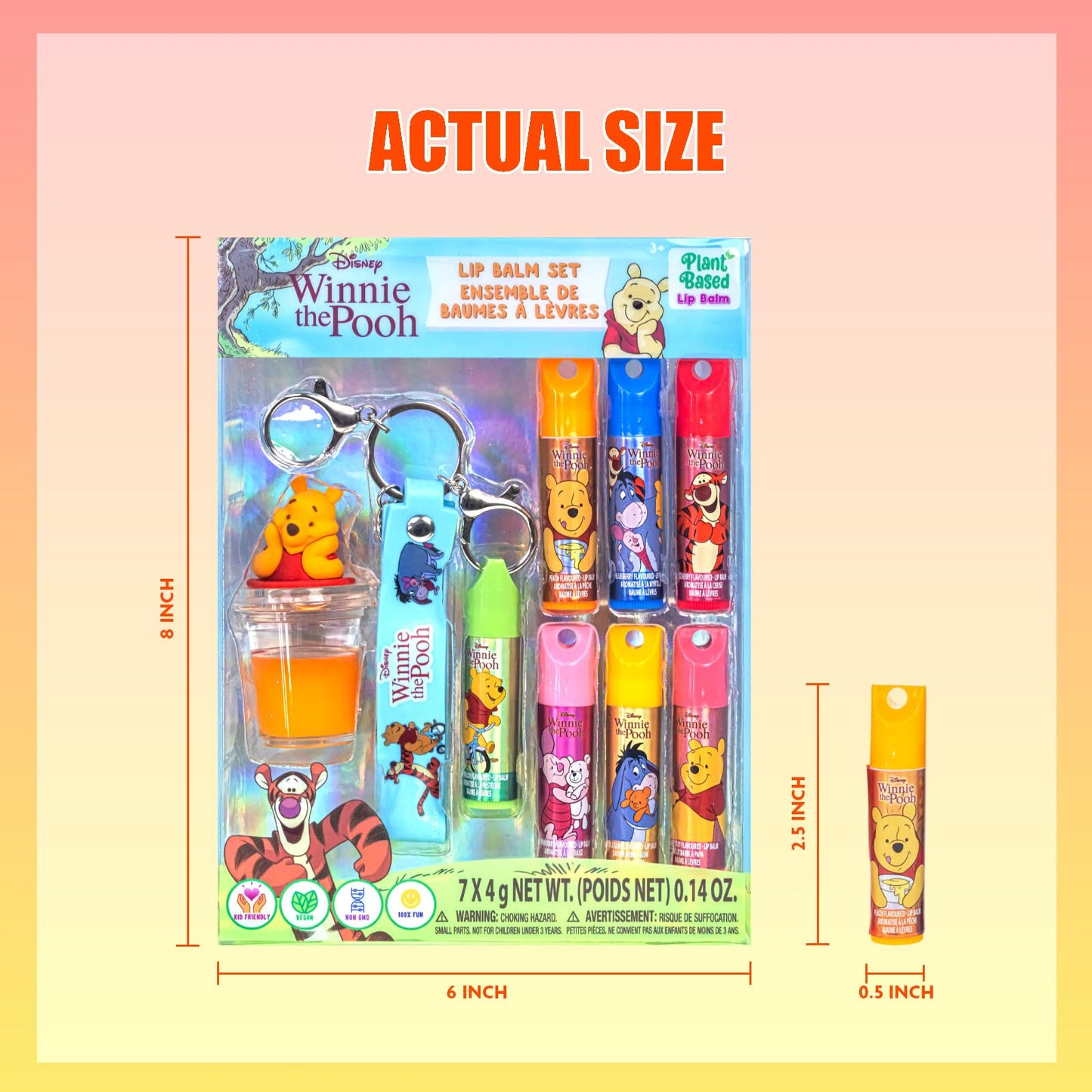 Winnie the Pooh 7 Pack Lip Balm Set with Winnie the Pooh Keychain, Plant Based Kids Lip Balm for Party Favors, Sleepovers and Stocking Stuffers, Ages 3+ by Townley Girl