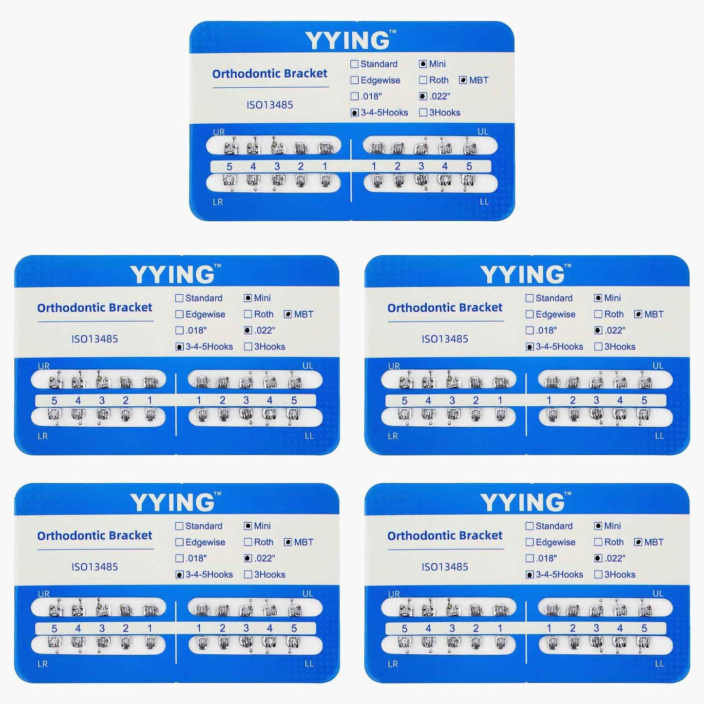YYING 5 Packs Orthodontic Metal Brackets Dental Braces Mini MBT Slot.022 with Hooks 3-4-5
