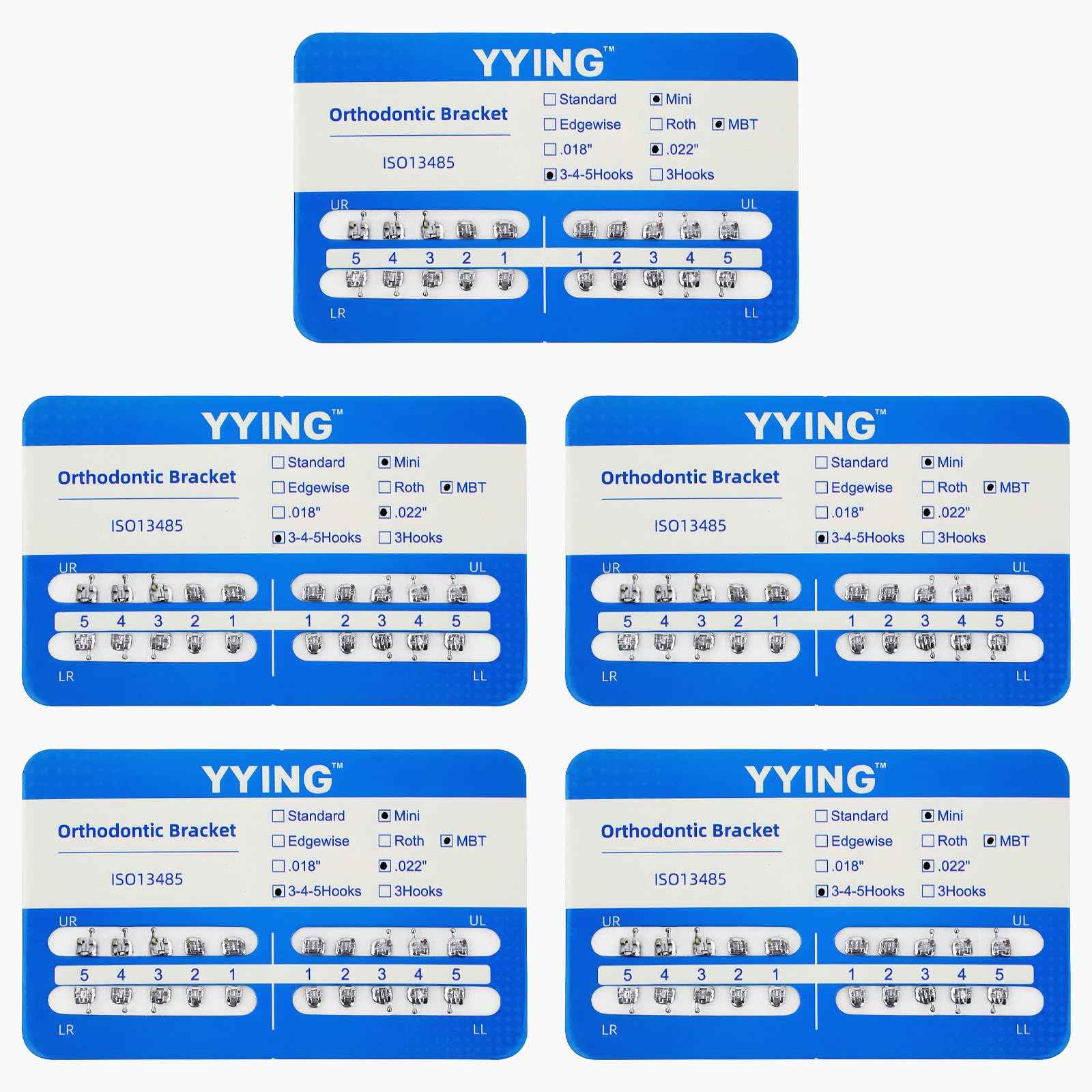 YYING 5 Packs Orthodontic Metal Brackets Dental Braces Mini MBT Slot.022 with Hooks 3-4-5