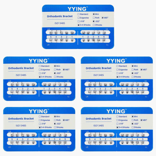 YYING 5 Packs Orthodontic Metal Brackets Dental Braces Mini MBT Slot.022 with Hooks 3-4-5