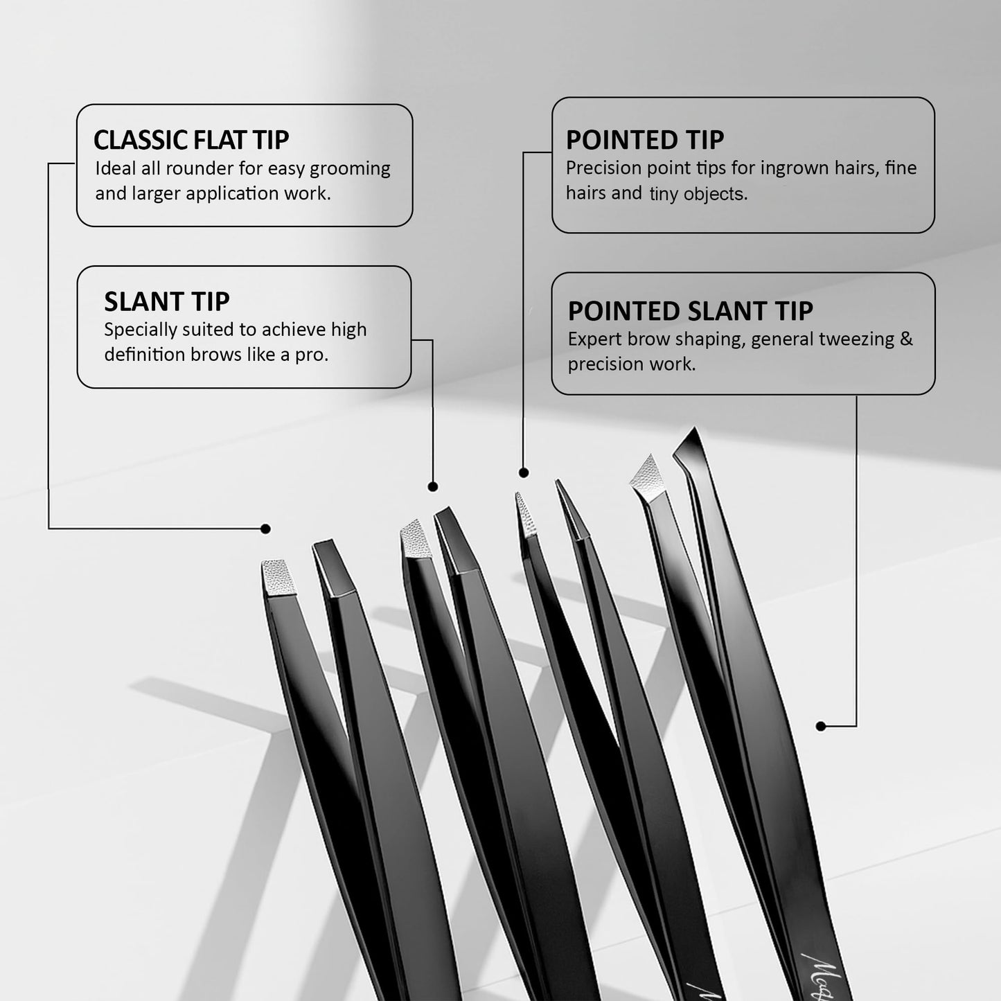 MaqHues Fiber Tip Eyebrow Tweezers Set for Women & Men, 4 Pcs Professional Stainless Steel Tweezer Kit with Slant, Pointed, Flat & Pointed-Slant Tips for Facial Hair & Eyebrow Removal (Silver)