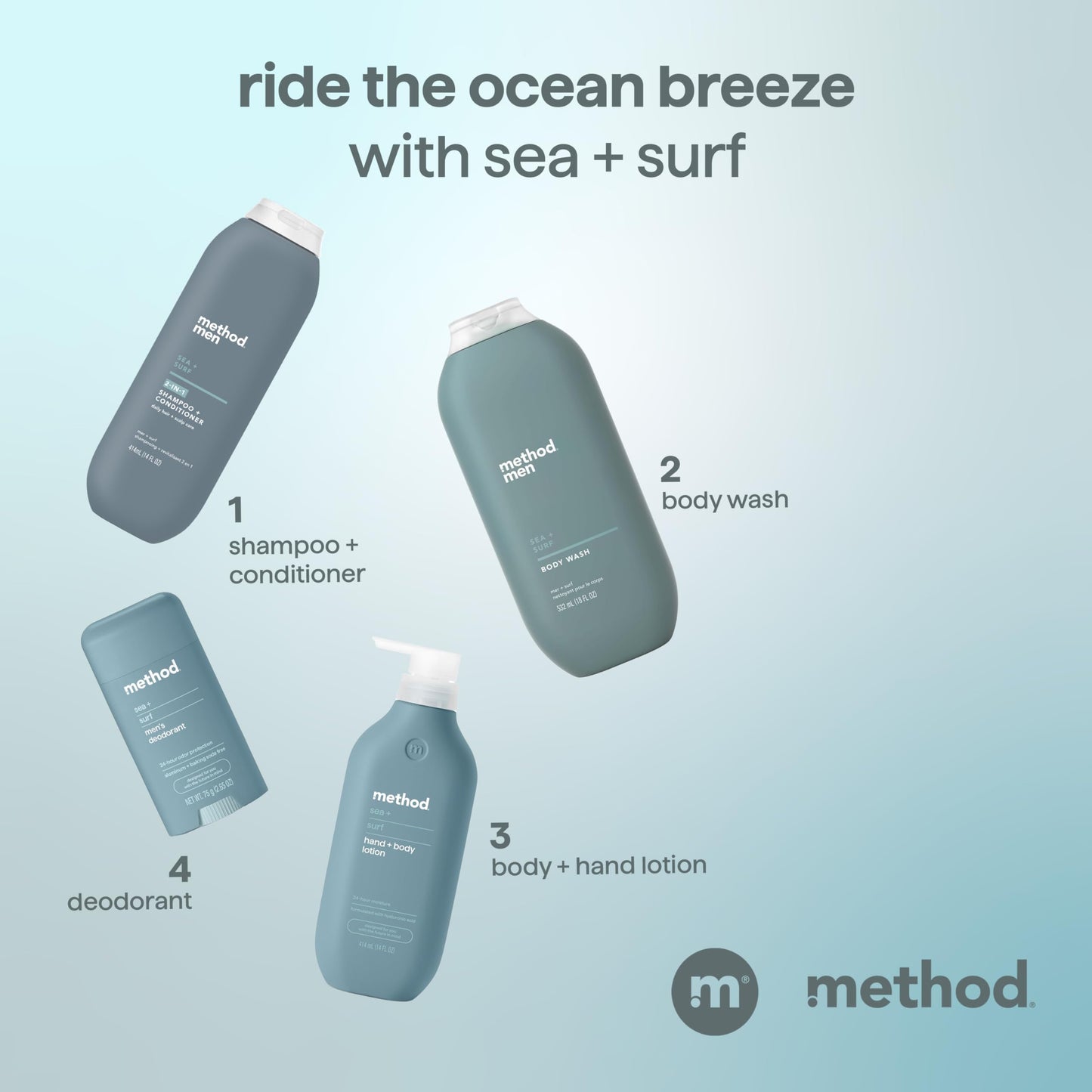 Method Men 2-in-1 Shampoo and Conditioner, Sea + Surf - Cleans and Conditions with Argan and Jojoba Oil - Made without Parabens - 14 oz