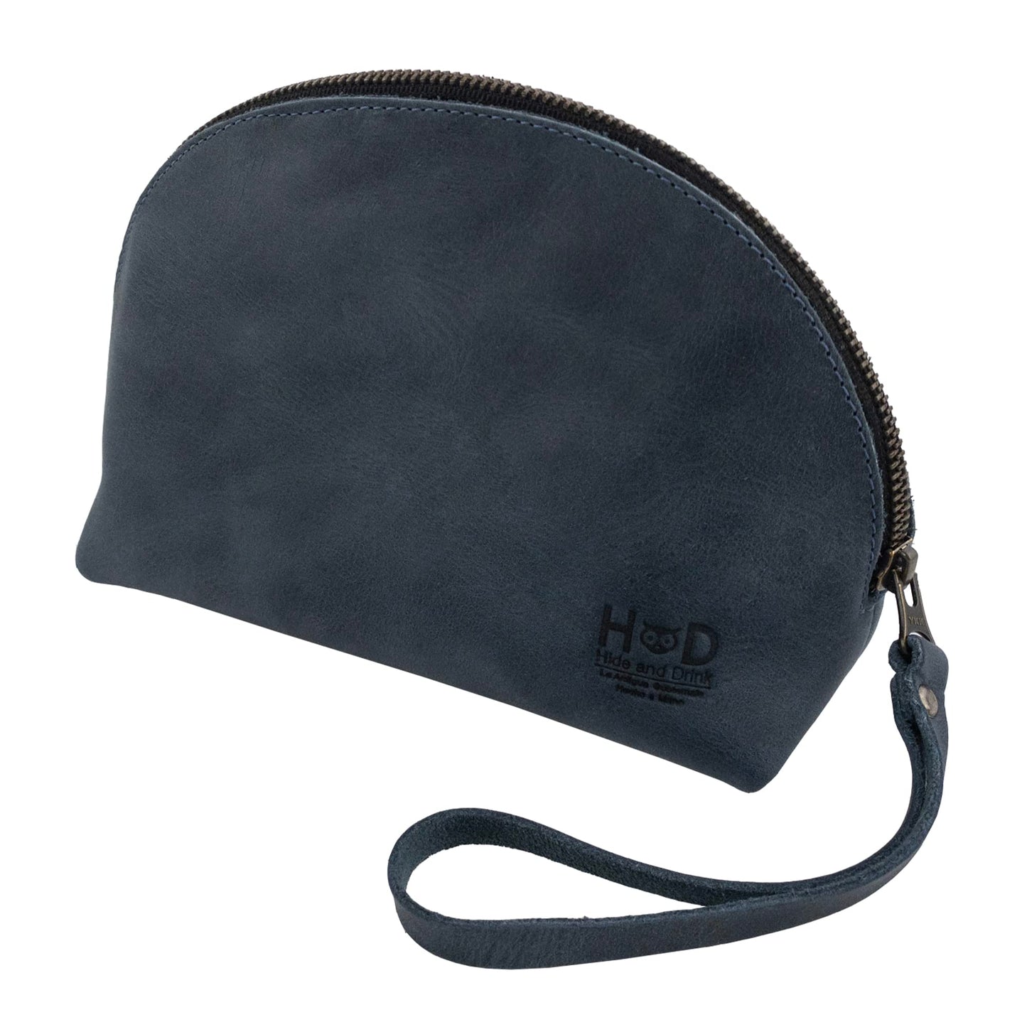 Hide & Drink, Cosmetic Travel Organizer with Hand Strap for Women, Makeup Bag, Classic Handbag, Full Grain Leather, Handmade, Slate Blue