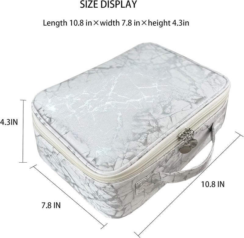 Multifunctional Travel Makeup Bag - Waterproof Cosmetic Organizer with Removable Dividers & Brush Holder | Large Capacity Toiletry Pouch for Women (White Marble)