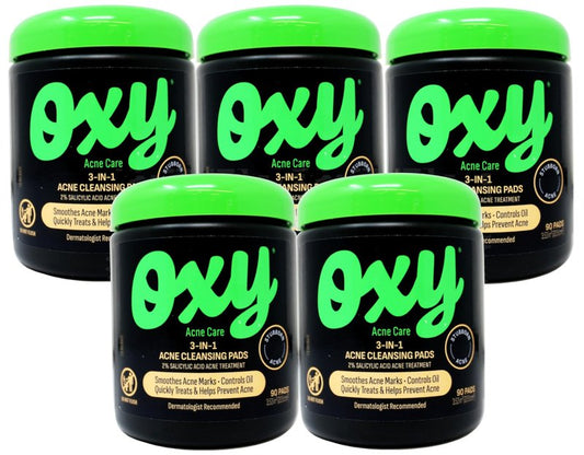 Oxy Acne Care 3-in-1 Acne Cleansing Pads, 2% Salicylic Acid Acne Treatment, 90 Pads (Pack of 5)
