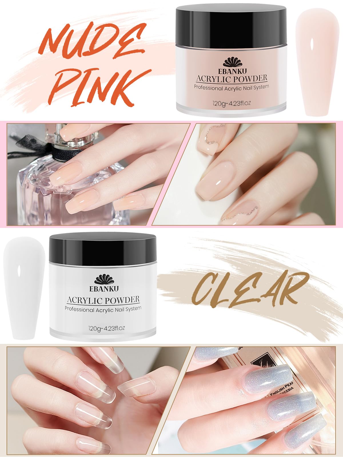 EBANKU Acrylic Powder Set Nude Pink Milky White Clear Big Capacity 4.23oz*4