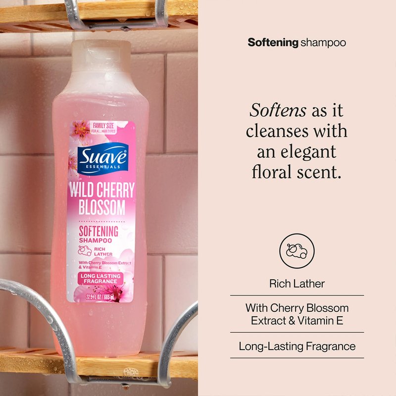 Suave Shampoo, Wild Cherry Blossom 6-Pack – Fragrant, Softening Formula with Vitamin E, 22.5 Oz Ea