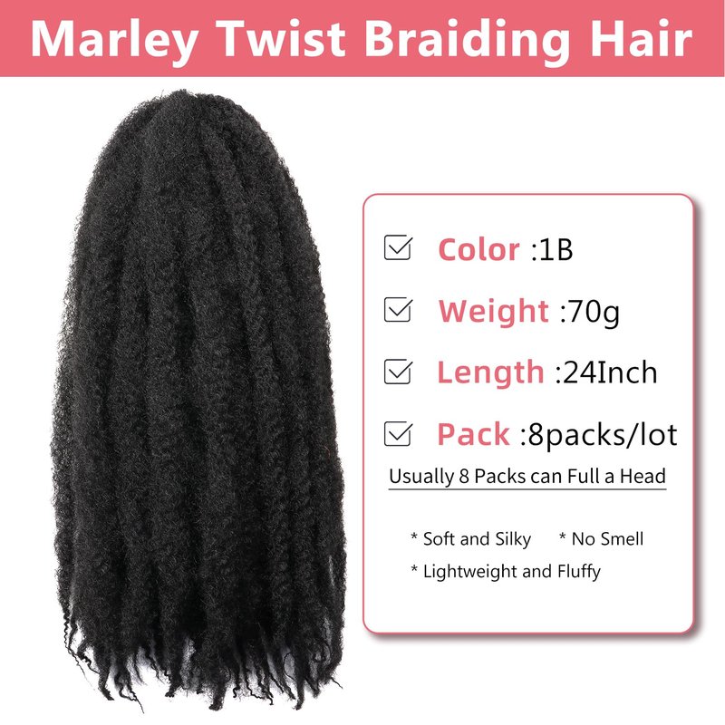 Marley Twist Braiding Hair-24Inch 8packs Cuban Twist Hair Soft Marley Hair for Black Women(1B, 24 Inch (Pack of 8))