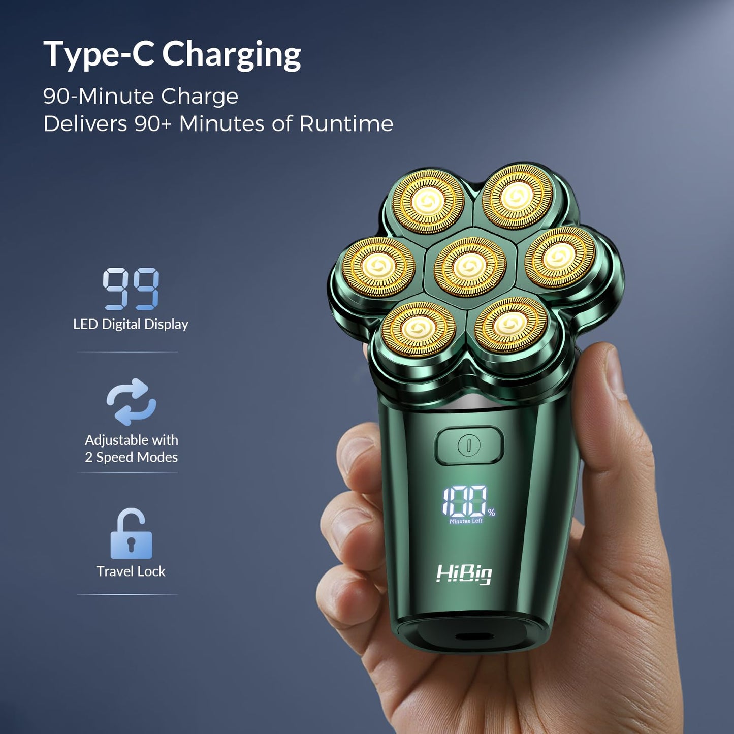 HiBig Head Shavers for Bald Men - 7D Arc Magnetic Detachable Electric Razor, Waterproof Wet Dry 5-in-1 Electric Shaving & Grooming Kit, LED Display Rechargeable Head & Body Hair Shaver, Dark Green