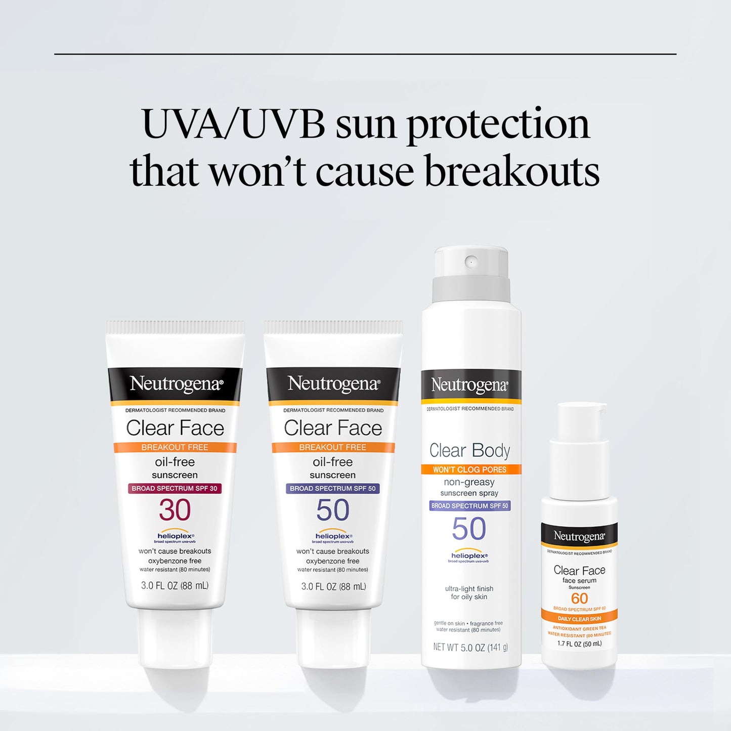 Neutrogena Clear Face Sunscreen Lotion SPF 50 for Acne-Prone Skin Broad Spectrum UVA UVB Protection Oil-Free No-Fragrance No-Oxybenzone Water-Resistant Daily Face Moisturizer, 3 fl oz