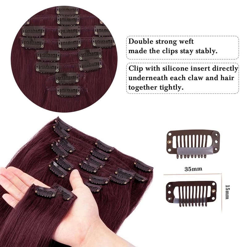 Burgundy Clip-In Hair Extensions | Real Human Hair 14-Inch Silky Straight 8 Pcs - Wine Red 99J, 60g
