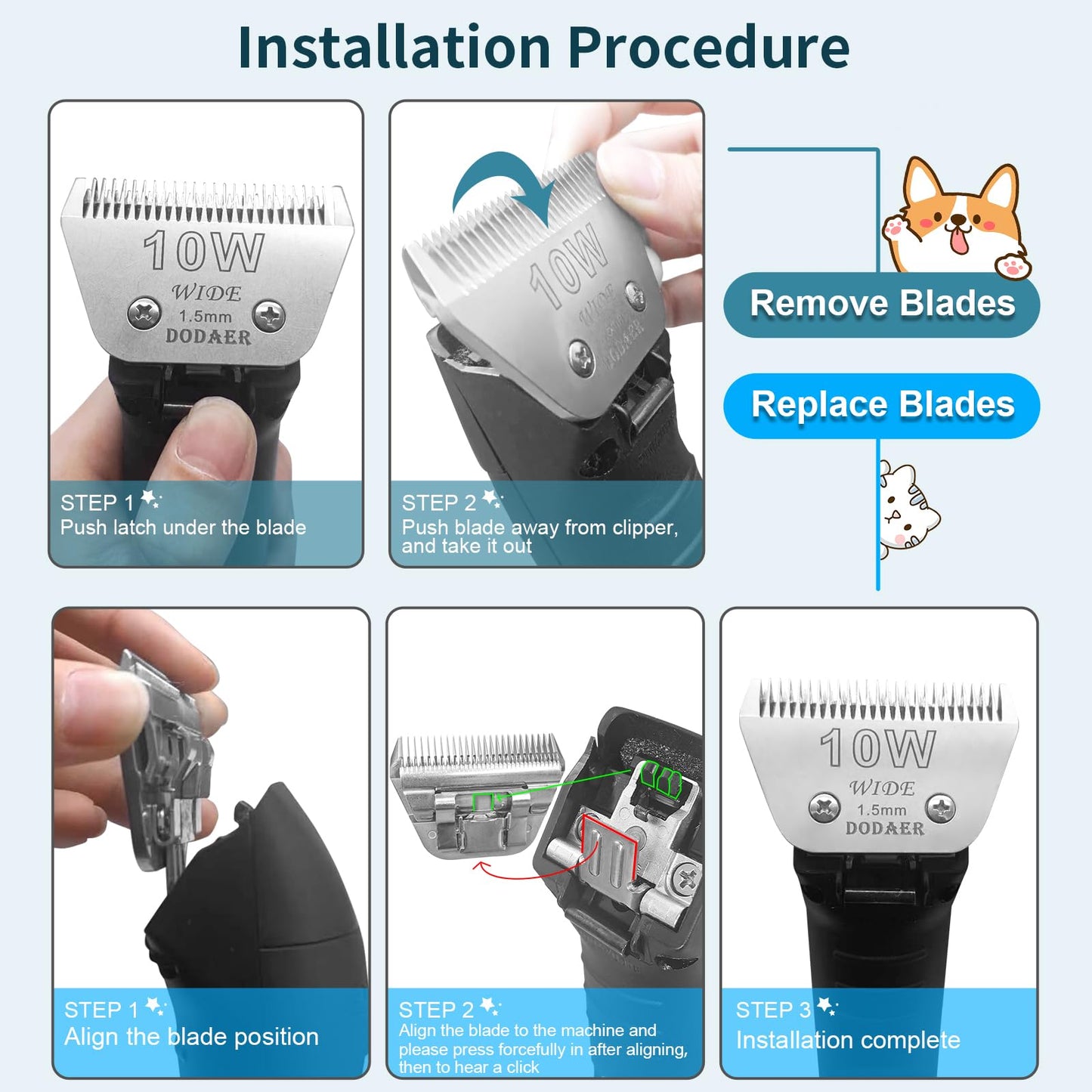 Newbulu Sizi 10W Dog Grooming Clipper Replacement Blades, Compatible with Ainds, Oster A5, Wahl Km10 and Other Series Clippers, Blade Size-10W Cut Length 1/16"(1.5mm)