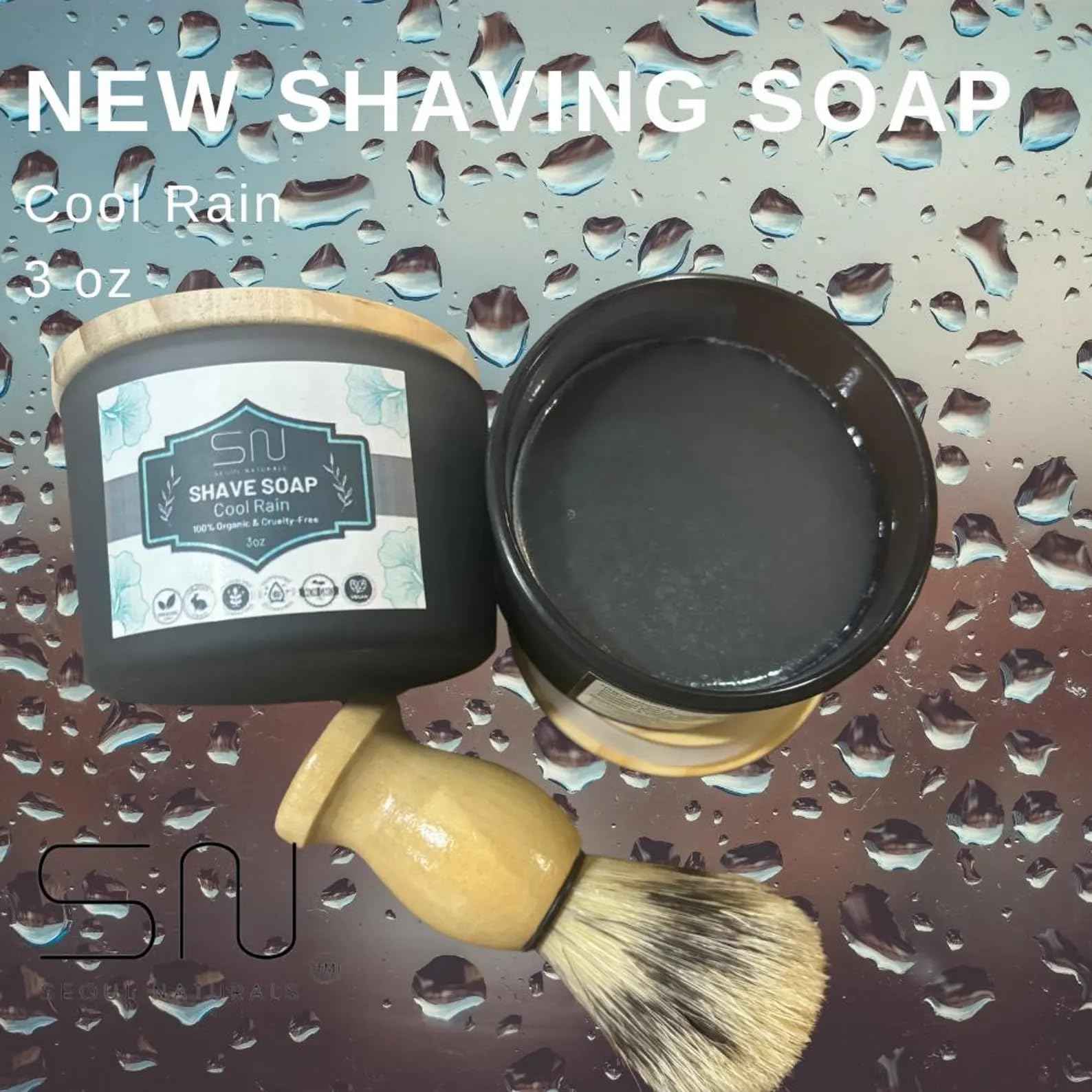 Seoul Naturals Organic Shave Soap Set with Barber Brush, Cool Rain Scent, k beauty, 3 oz