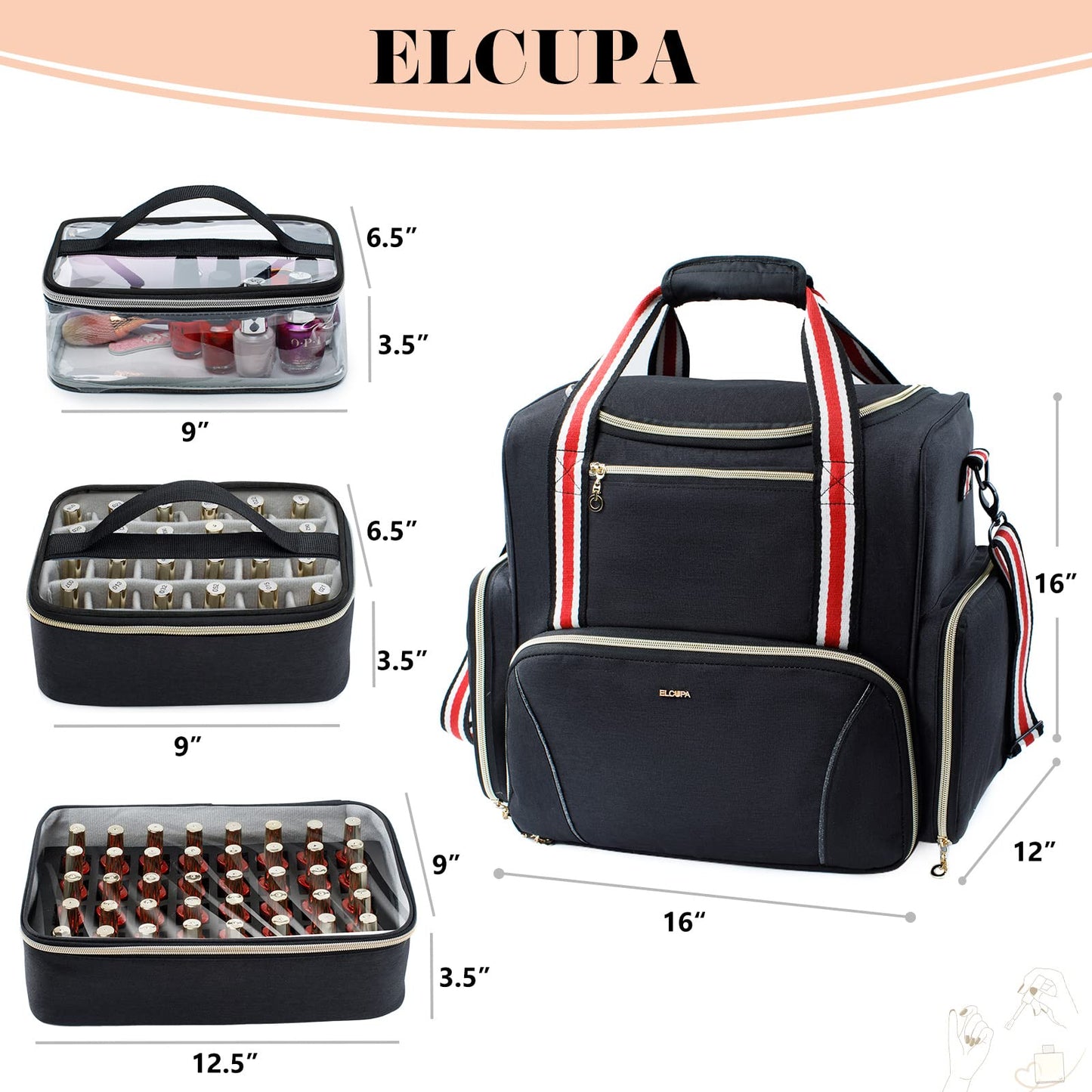 ELCUPA Large Nail Polish Organizer Holds 80 Bottles(15ml - 0.5 fl.oz) with 3 Removable Nail Polish Cases,Nail Organizers and Storage for Nail Tech Suppliers