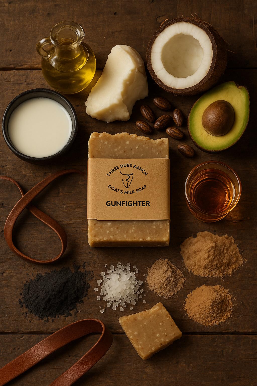 Three Dubs Ranch Gunfighter: Handmade All-Natural, Goat Milk Soap Bars made with Tallow, For Hands & Body. Leather, Tobacco, Whiskey scented Soap Bars. Made in Texas. (3.5 oz Bar 3 Pack)