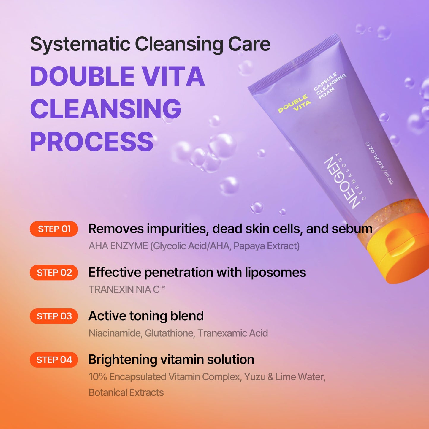 DERMALOGY by NEOGENLAB Double Vita Capsule Cleansing Foam, Vitamin-Rich Daily Face Cleanser with AHA/BHA & Yuzu Lime Extract, Brightening & Hydrating Gel-to-Foam Cleanser, All Skin Types, 5.07 fl oz