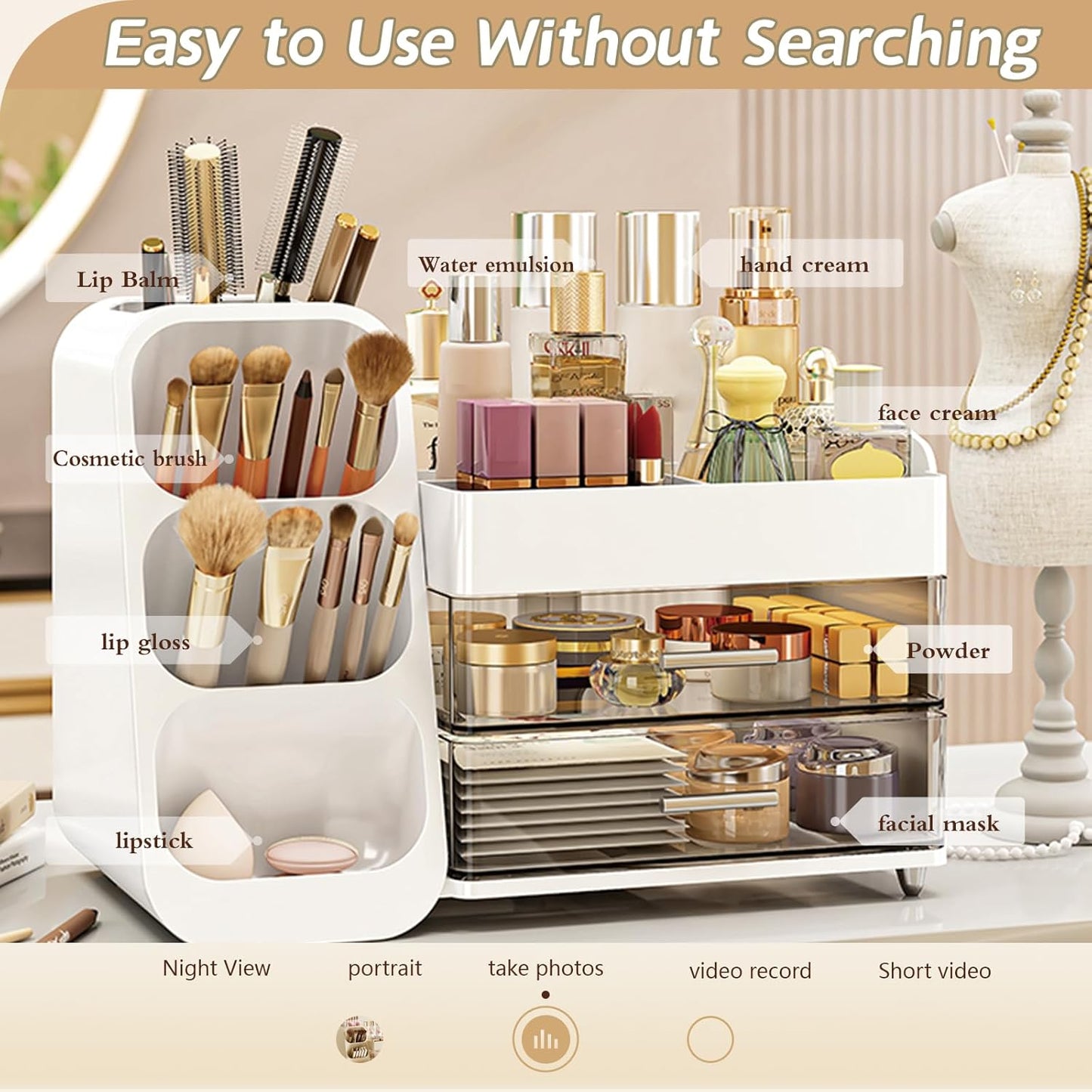 Makeup Organizer - Large Capacity Cosmetics Display Case with Drawers | White Beauty Storage Box