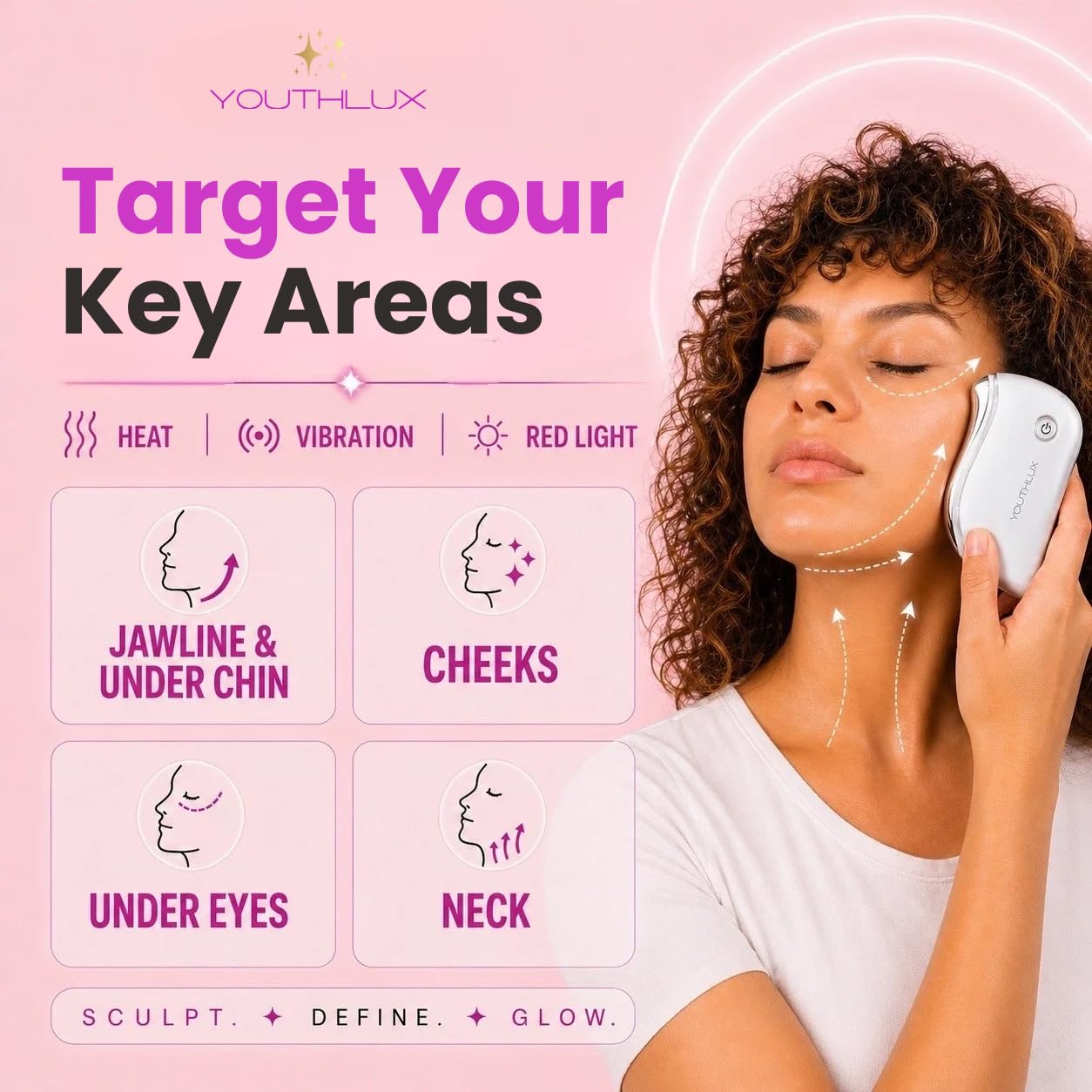 YOUTHLUX ProSculpt Heated Gua Sha Facial Massager – Electric Guasha Tool for Face Sculpting, Relaxation & Skincare | Soothing Vibration Facial Massage Tool with Contoured Design (White)