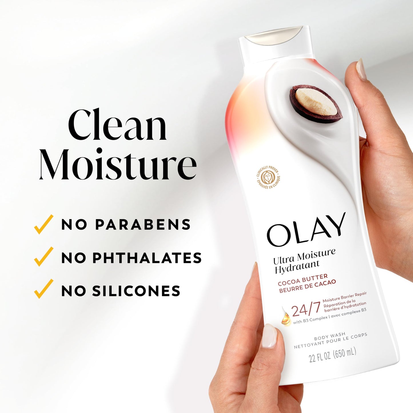 Olay Body Wash for Women, Ultra Moisture, 24hr Moisturizing, Hydrating & Refreshing, B3 Vitamin Complex, Free of Parabens & Phthalates, For All Skin Types, Cocoa Butter Scent, 22 fl oz (Pack of 4)