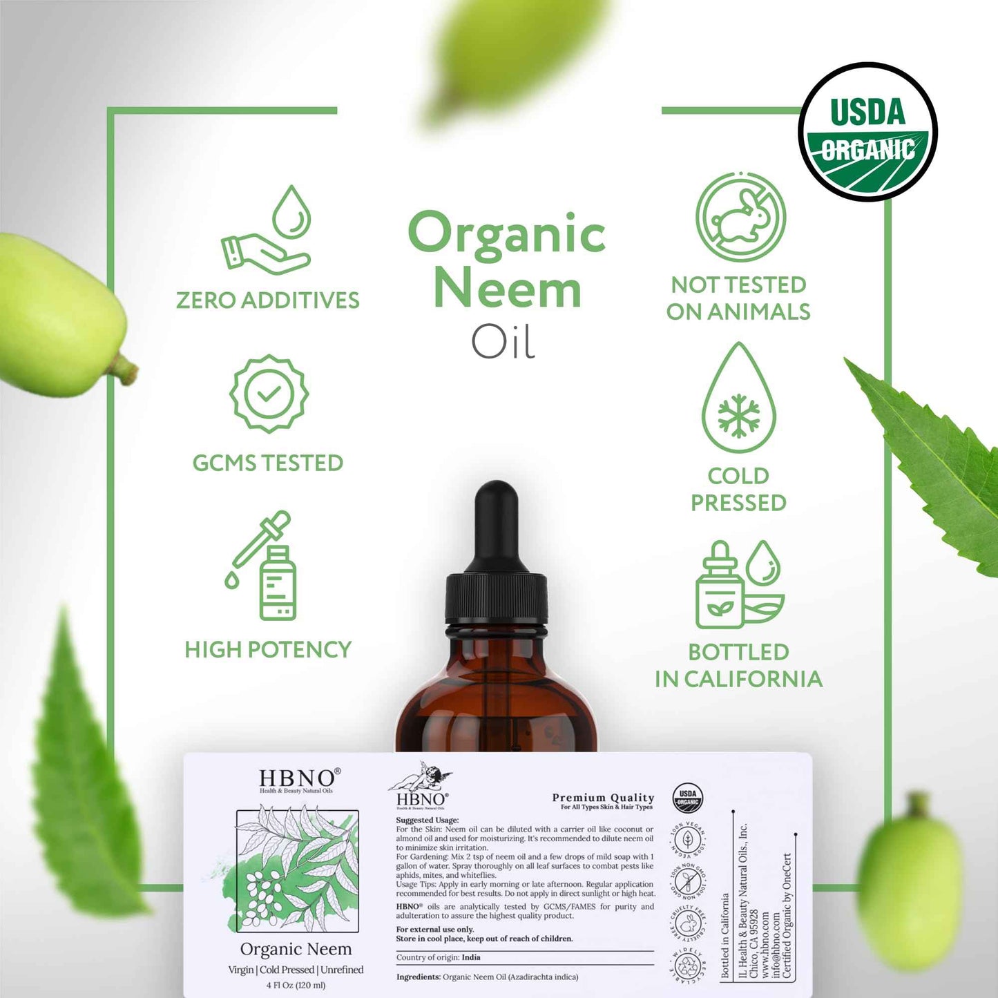 HBNO Organic Neem Oil - 4 oz (120ml) Value Size - Ideal for Face wash, Lotions, Skincare, and Hair Care Products (Glass Bottle)