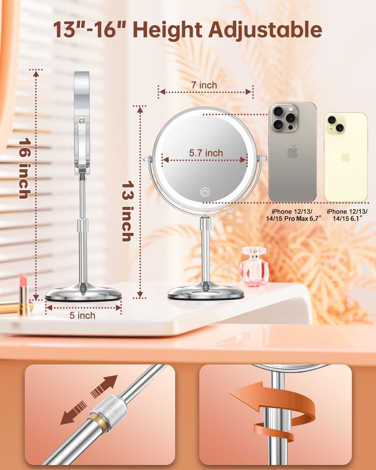 Benbilry 7" Lighted Makeup Mirror with Magnification 10X & 3 Color Lights, Adjustable Brightness & Height, 360° Swivel Rechargeable LED Magnifying Make Up Vanity Mirror with Lighting (Silver)