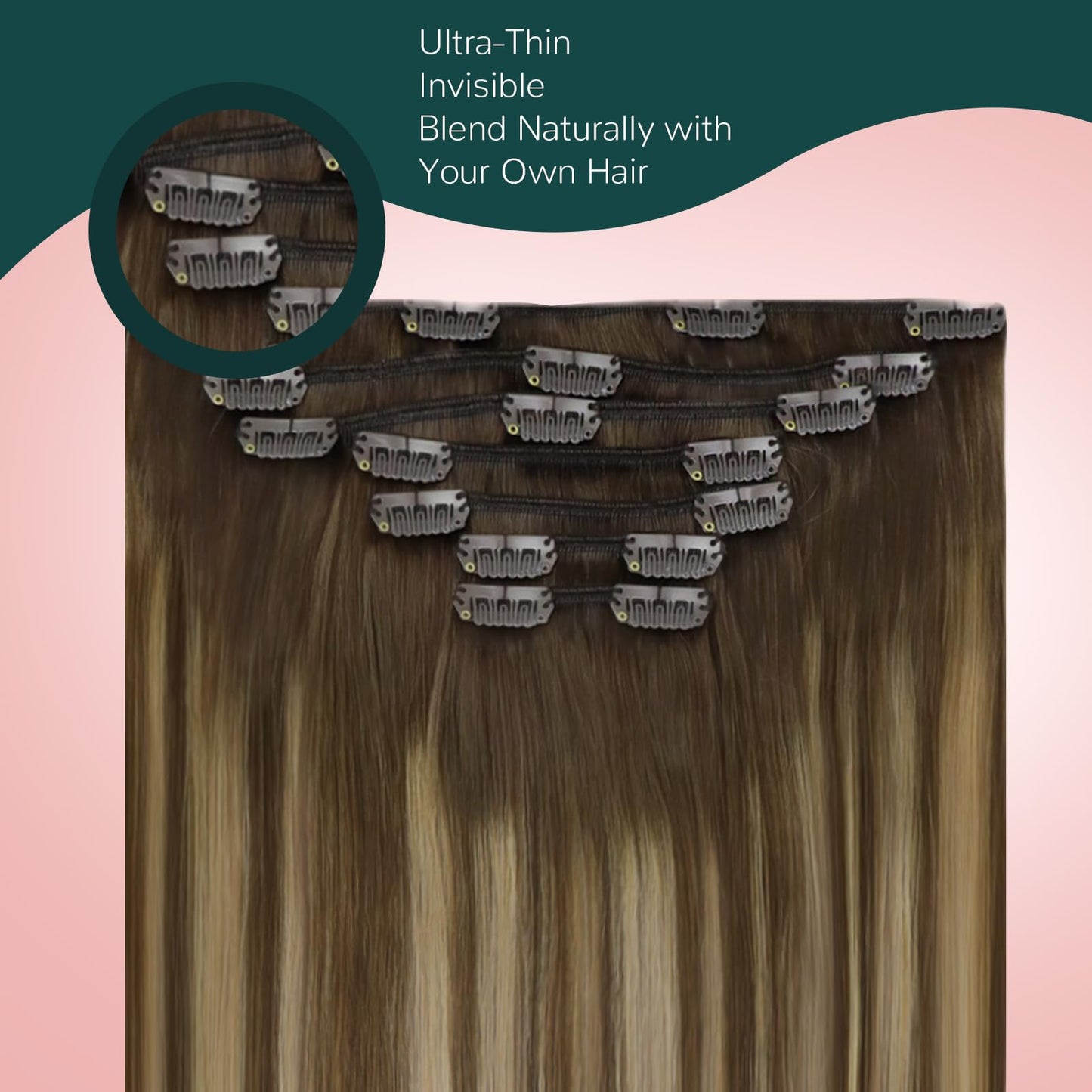 Easyouth Clip in Hair Extensions Human Hair Balayage, Remy Hair Clip in Extensions Ombre, Medium Brown Fading to Caramel Blonde, Real Hair Extension Clip in Human Hair for Beginners, 14In 85g 7pcs