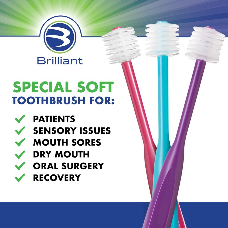 Brilliant Specialty Adult Round Toothbrush for Sensitive Mouths to Support Chemo and Other Sensory Oral Care Needs with Ultra Soft Bristles, Teal, 3 Pack