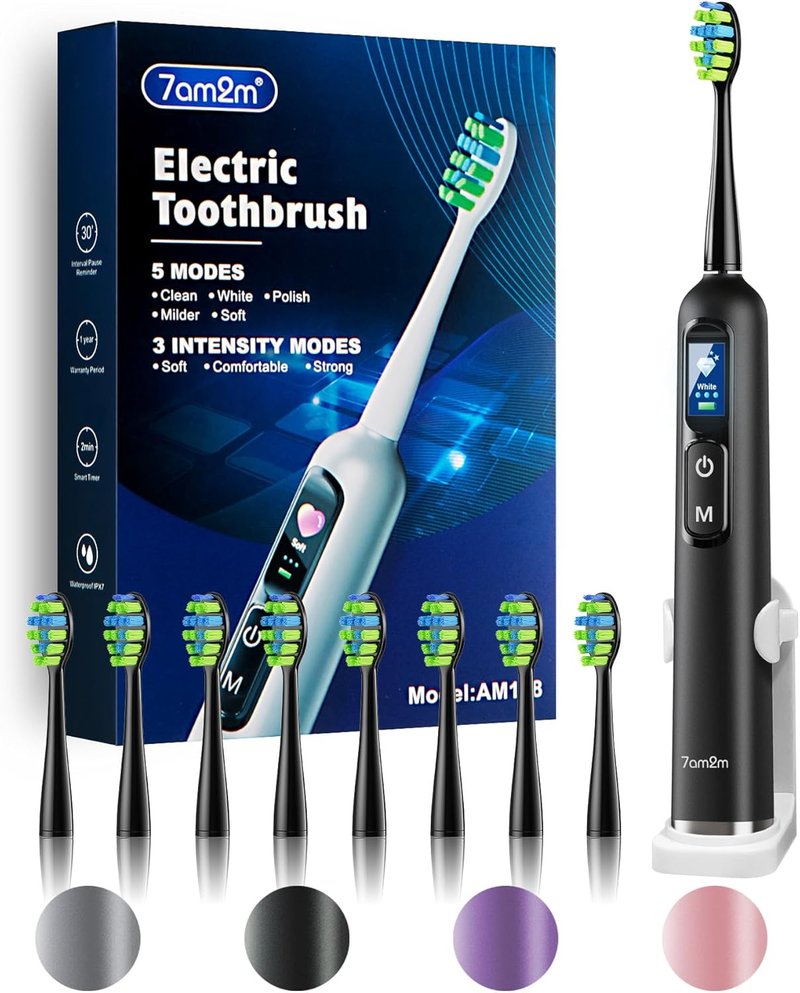 Electric Toothbrush for Adults & Teens - LED Screen, 3 Intensity Levels & 5 Modes | 90-Day Battery Life, Fast Charge, 8 Brush Heads (Black)