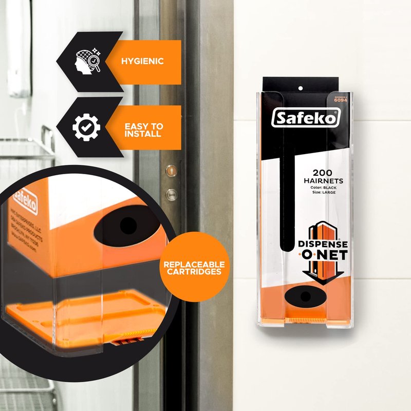 SAFEKO Dispense-O-Net Hairnet Dispenser & Wall Mount | Black Hairnets + Wall Mount | Lightweight Nylon Hairnets | Latex-Free