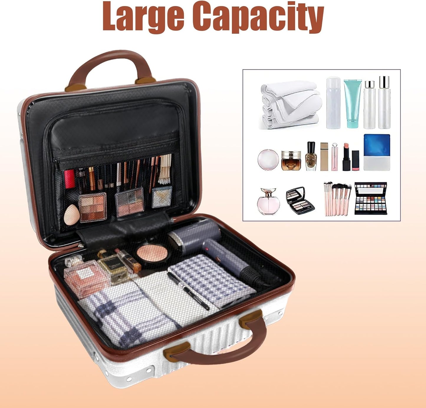 Portable 14-Inch Makeup Travel Case - Pressure-Proof Hard Suitcase with Elastic Band | Beige Toiletry Bag for Women
