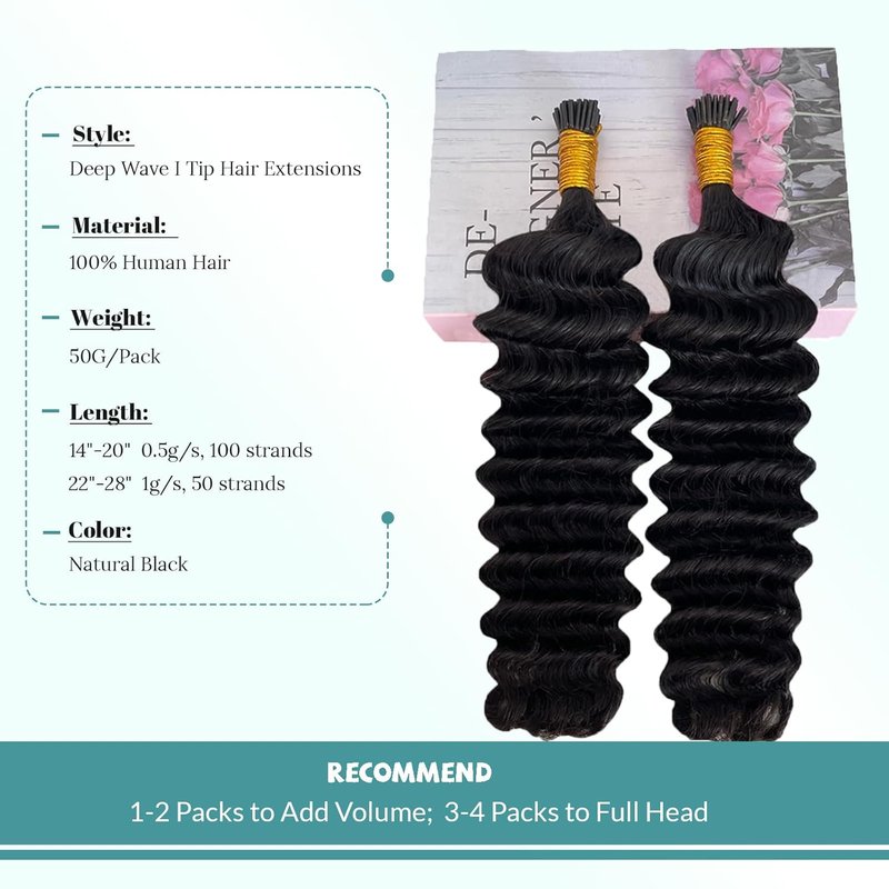 Deep Wave I Tip Hair Extensions - Brazilian Pre-Bonded Keratin | 100 Strands, 18" for 3C & 4A Afro Curly Hair