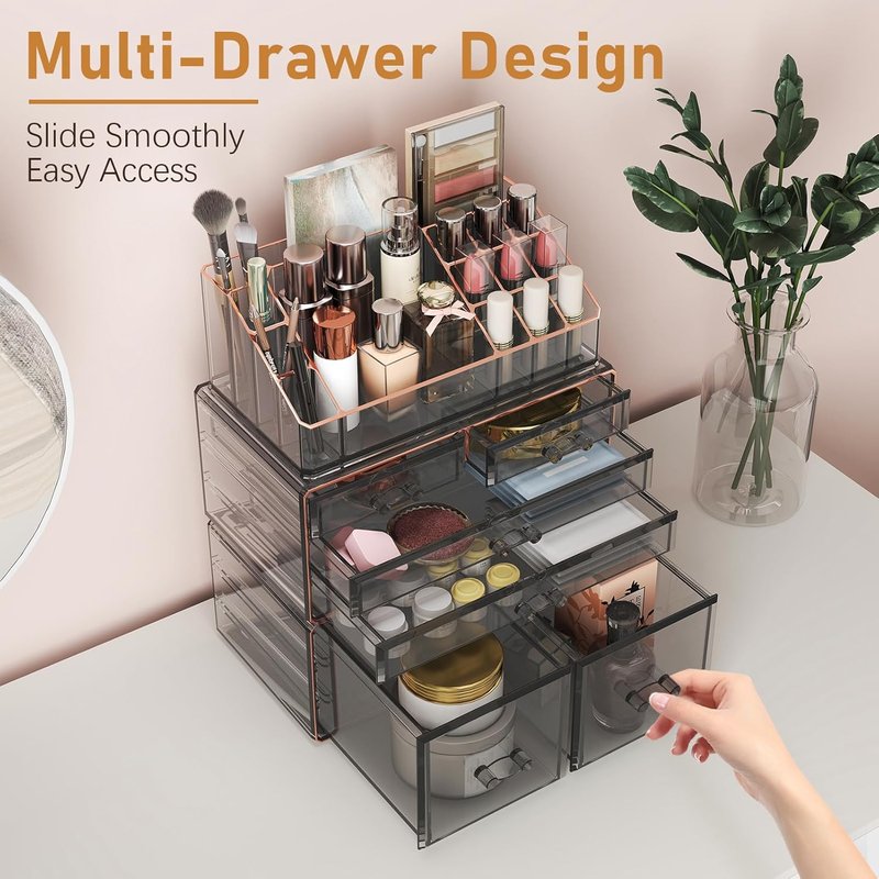 3-Tier 6-Drawer Makeup Organizer - Countertop Cosmetic Storage for Dresser & Vanity | Black with Gilded Borders