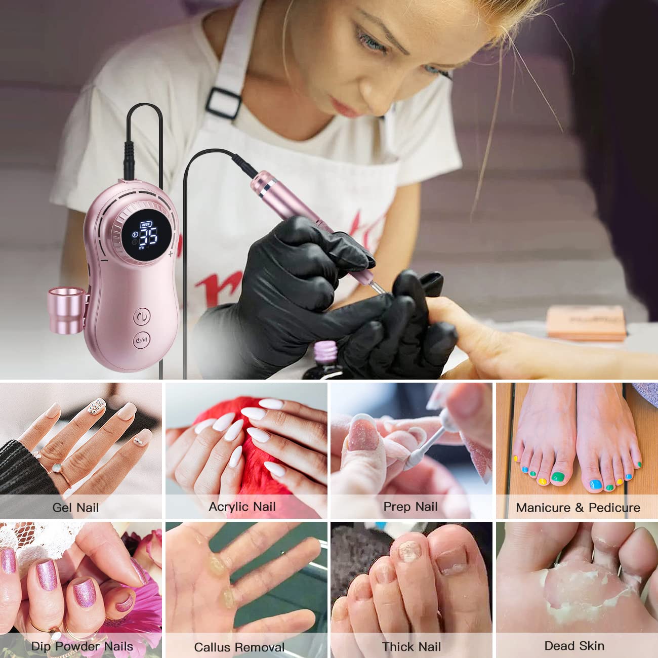 Professional Nail Drill 35000 RPM Rechargeable Electric Nail Drill Machine Portable with 11 Pcs Drill Bits for Acrylic Nails, Gel Nails, Manicure Pedicure Polishing