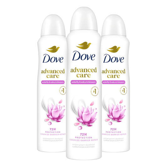 Dove Advanced Care Antiperspirant Deodorant Spray Waterlily & Sakura Blossom 3 Count Moisturizing for After-Shaving Care 72-hour that boost skin's ceramide levels for Soft Underarms 3.8 oz