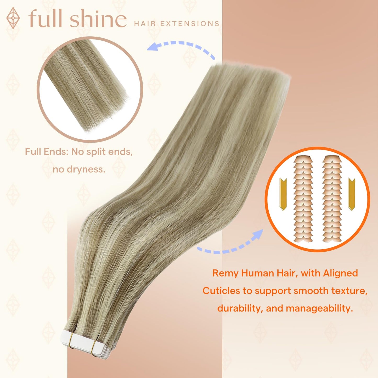 Full Shine Tape in Hair Extensions, Color 16 Desert Blonde Highlighted 22 Champagne Blonde, 18 Inch, 50g, 20PCS, Natural Invisible Tape Ins Human Hair Extensions for Wedding