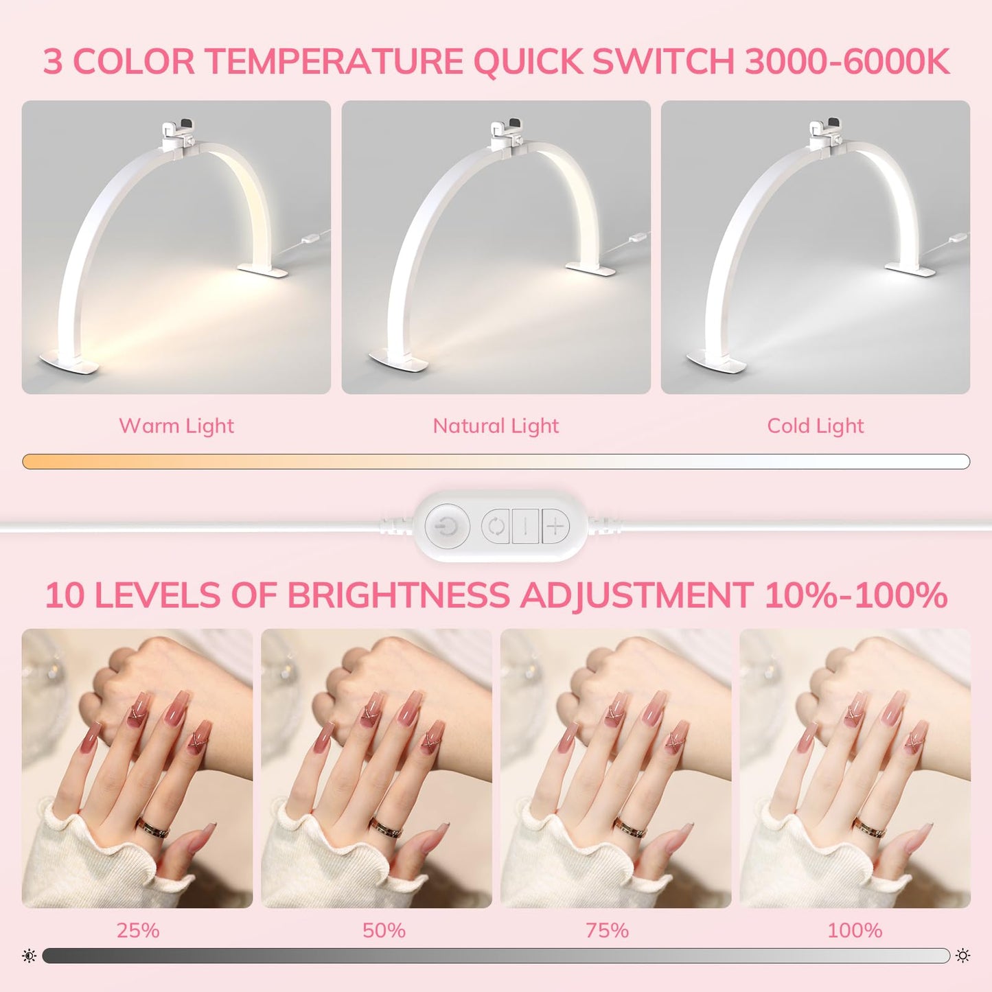 Lavinda Large Half Moon Light for Nail Desk, 29'' Nail Table Lamp with Phone Holder, 3000K-6000K Dimmable LED Desk Lamp with Wire Controller for Manicure DIY, Eyelash Extension, Skincare, Tattoo