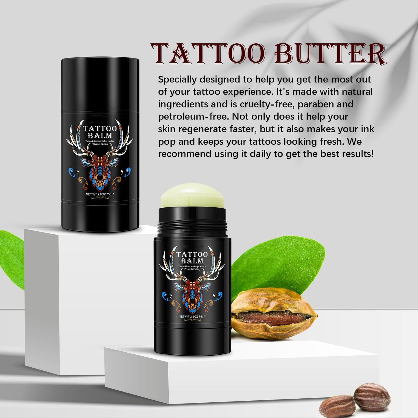 2pack Tattoo Aftercare Butter Balm, 2.6 oz, Old & New Tattoo Moisturizer Healing Brightener for Color Enhance, Natural Tattoo Cream