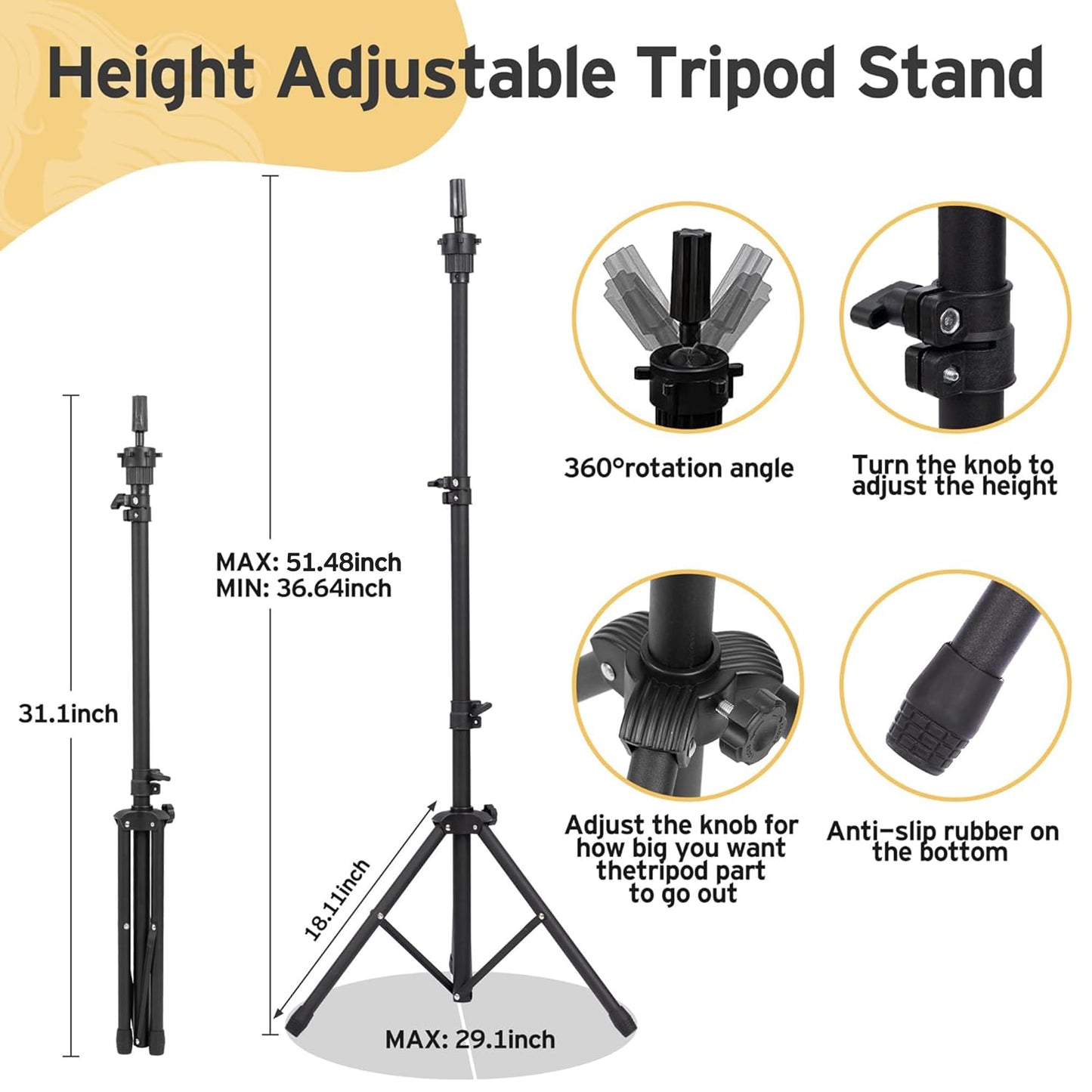 Klvied Wig Stand with 22 Inch Canvas Wig Head, Adjustable 34.64-51.48 Inch Tripod and Table Clamp Set for Wig Display, Basic Styling and Cosmetology Practice, with Carrying Bag