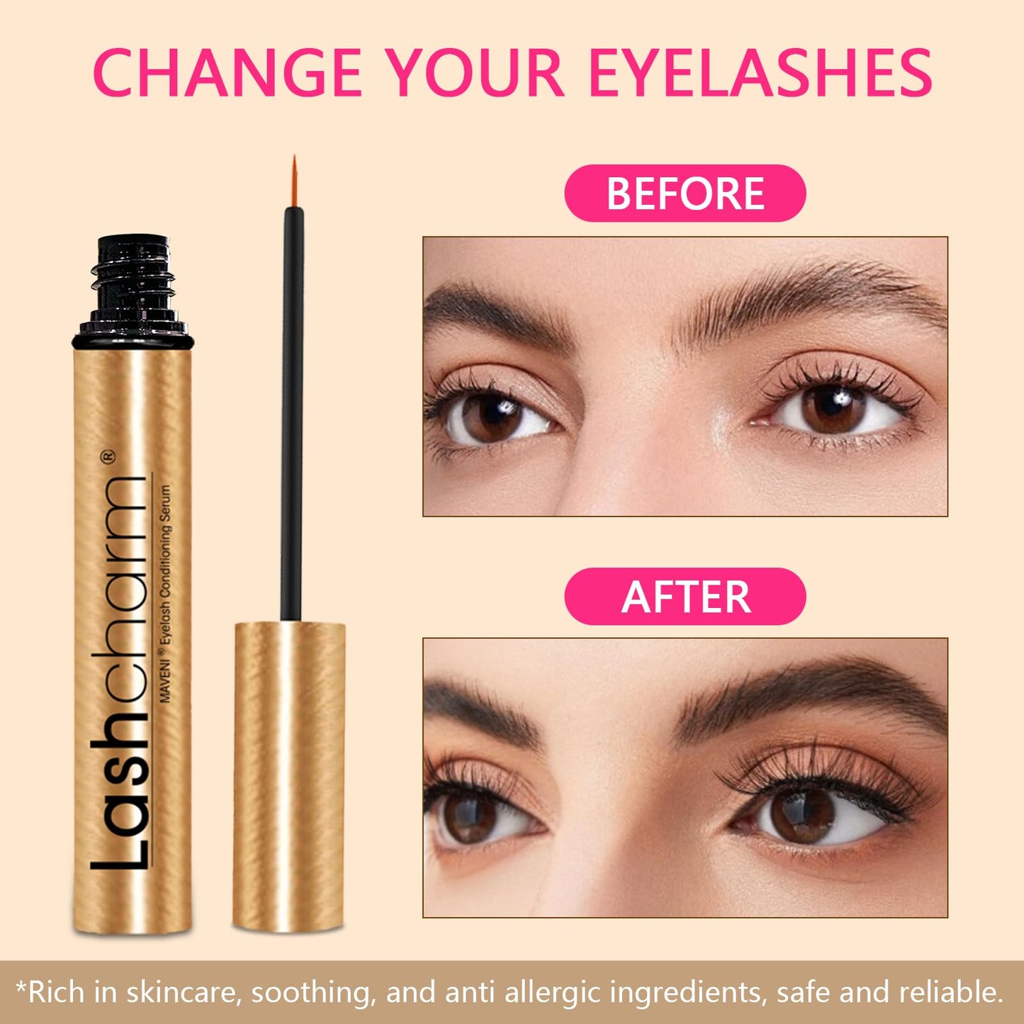 MAVENI Lash Enhancing Serum, Women's Advanced Cosmetics, Eyelash Growth Serum, Promote Longer, Fuller, and Denser Eyelashes, Fast and Effective (Gold, 0.1 Fl Oz (Pack of 1))