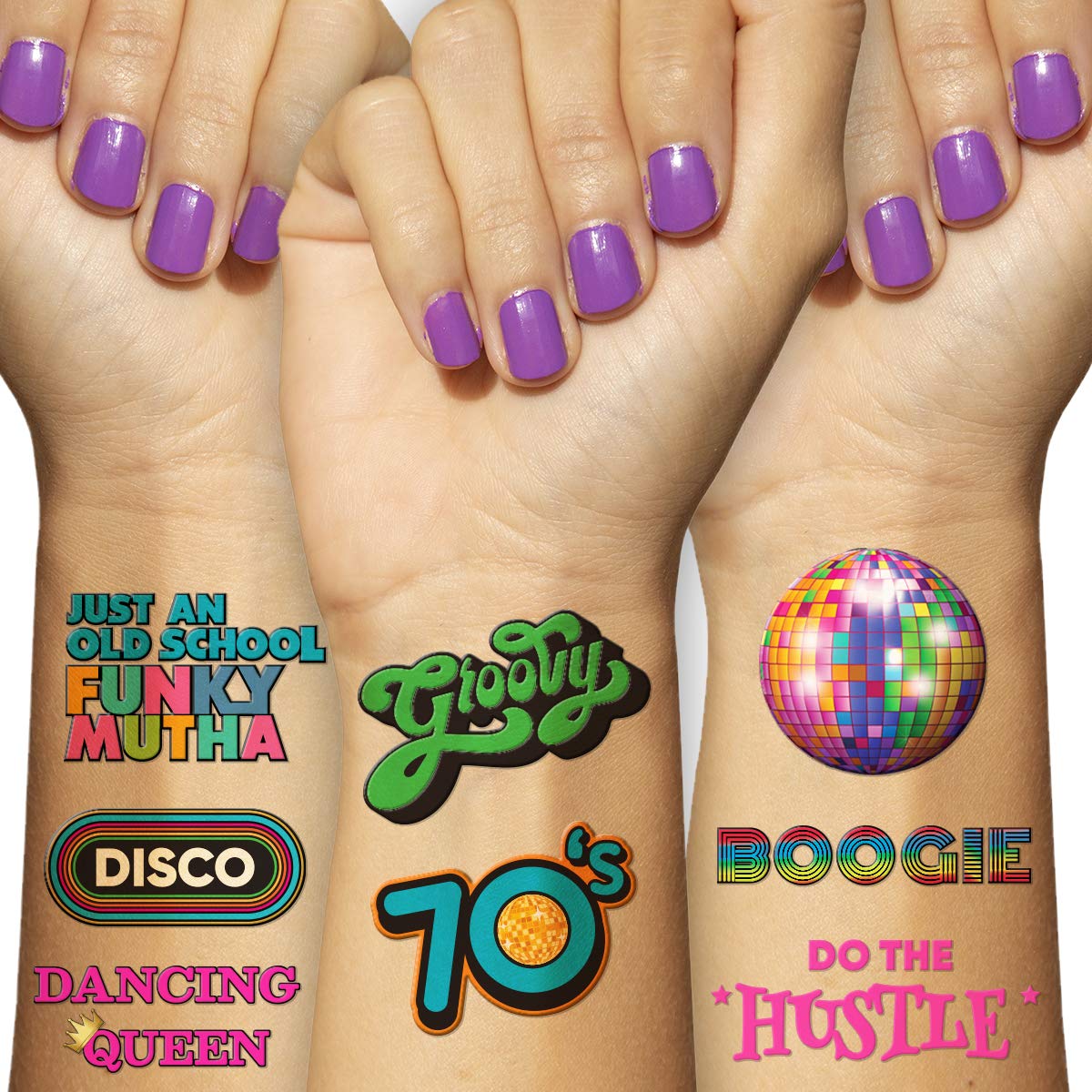 Disco Temporary Tattoo Set - 4 Sheets - 1970s Retro Disco Party Decorations, Favors and Supplies