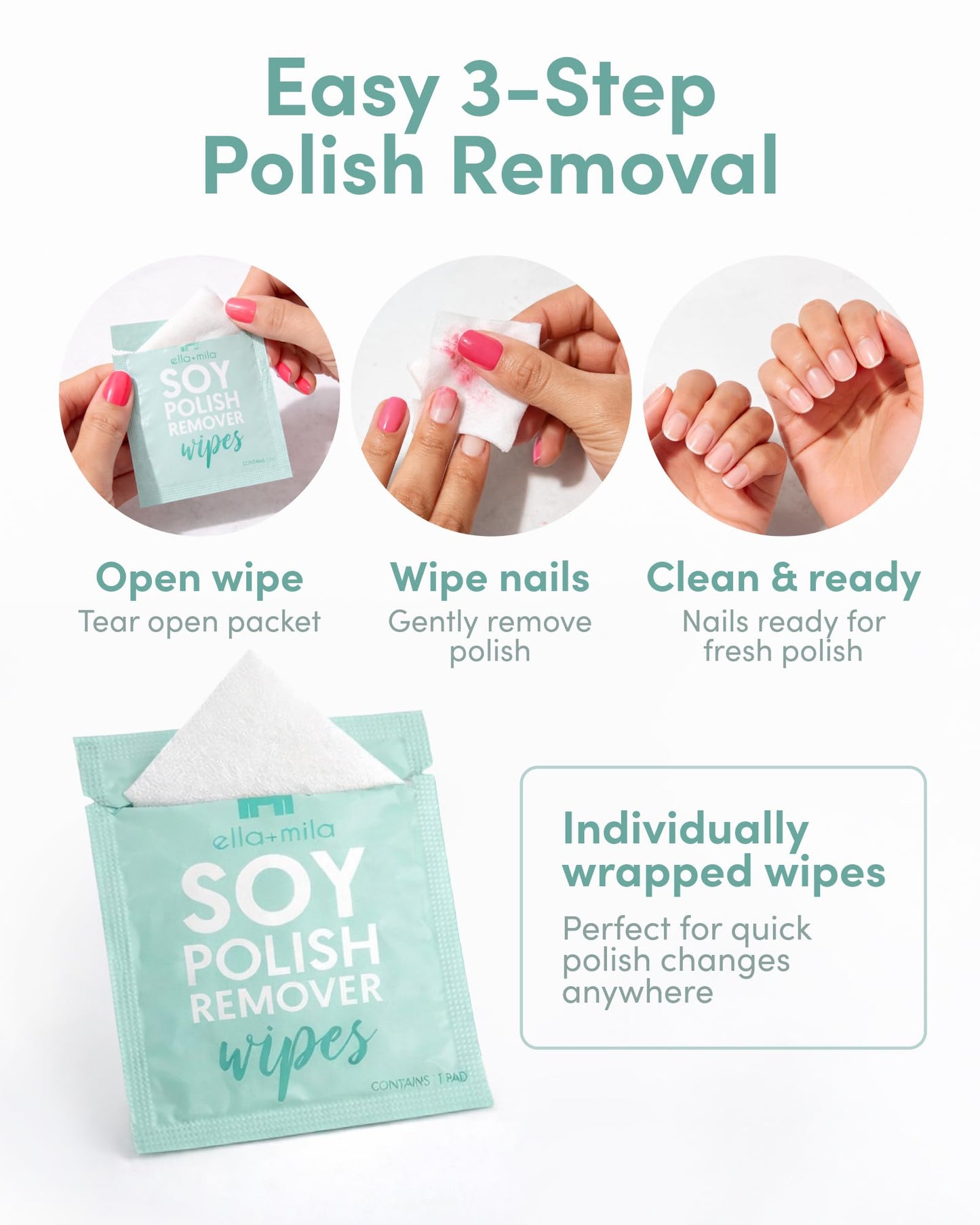 ella+mila Soy Nail Polish Remover Wipes - Non-Acetone, Non-Toxic Fingernail Polish Remover Pads - Travel Size, Individually Wrapped, Lint Free - Enriched with Vitamins (12 Pack)