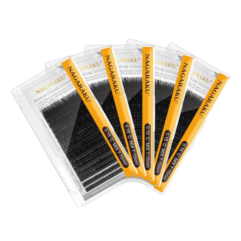 NAGARAKU Eyelash Extensions Classic J B C D N LC LD L DD CC LB Curl 0.03-0.20 Thickness 5-17mm, Matte Black Individual Lashes Professional Supplies for Lash Techs (0.15-C 7-15mm Mix 5 Trays)