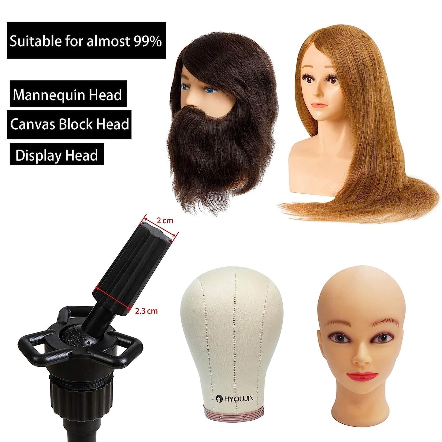 HYOUJIN Adjustable Wig Stand with Mannequin Head & Tripod | Includes Canvas Block Head, Wig Caps, T-Pins, Carry Bag (35.4-52.4in)
