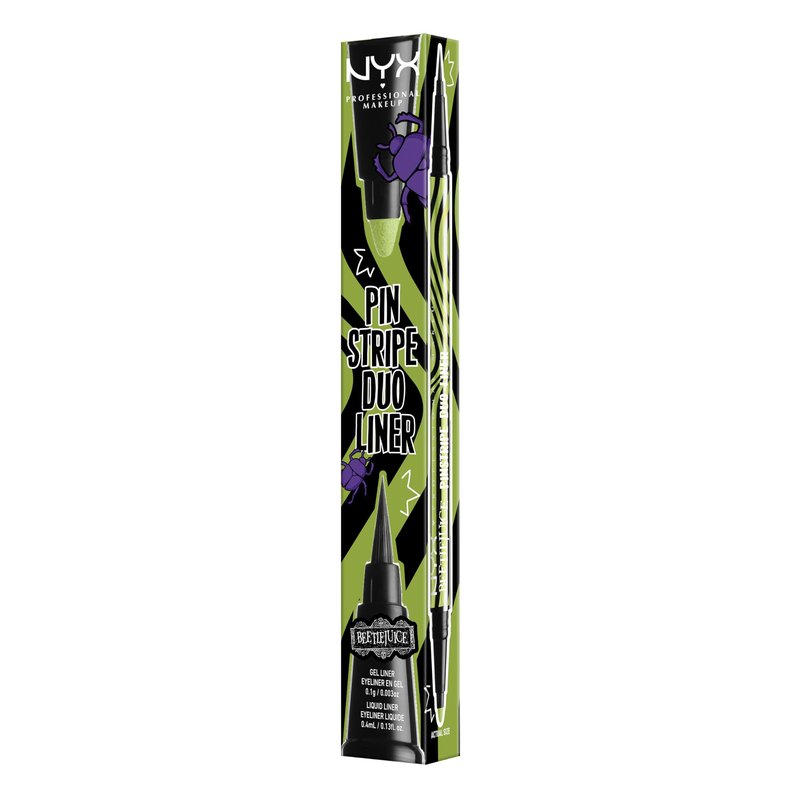 NYX PROFESSIONAL MAKEUP BEETLEJUICE Pinstripe Duo Eye Liner, Dual-Ended Black Liquid Eyeliner + Green Chrome Eyeliner