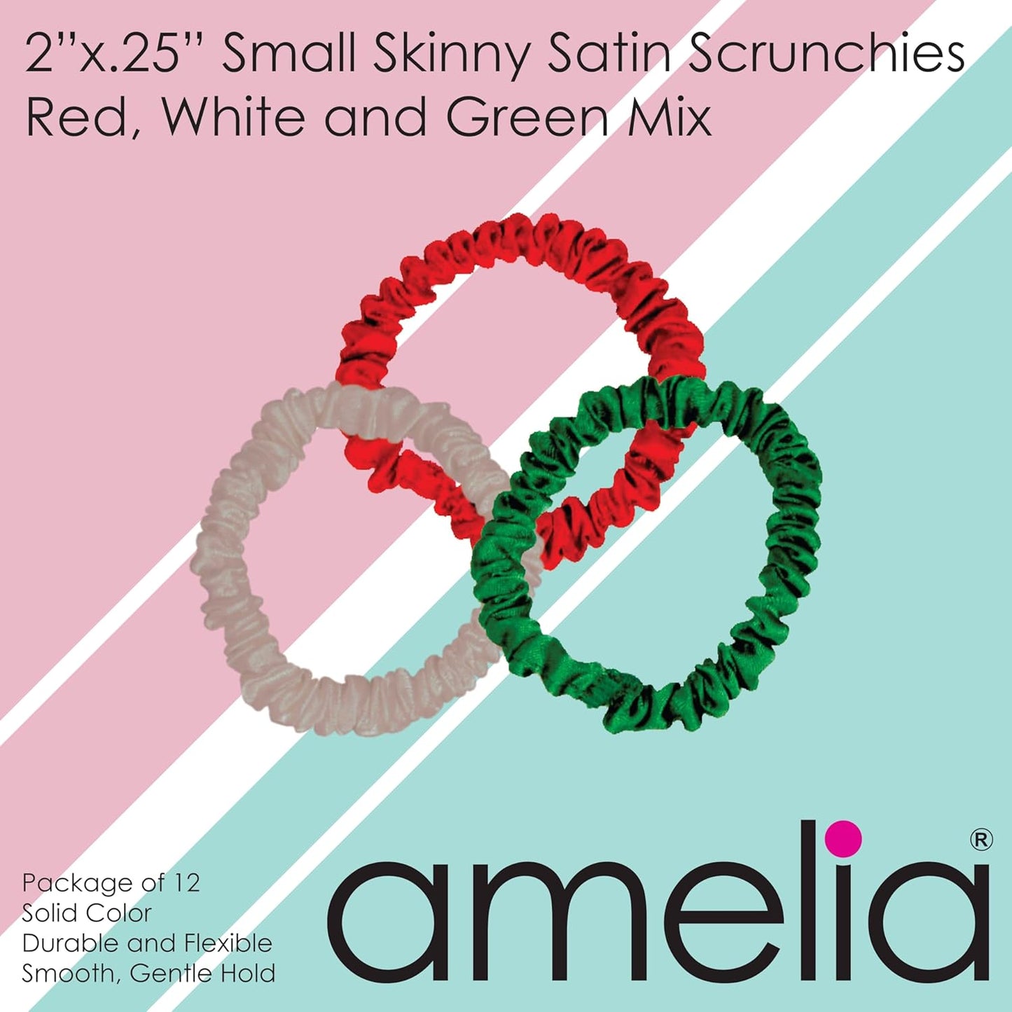 Amelia Beauty, Black, Skinny Satin Scrunchies, 12 Pack – 2in Diameter, Gentle & Strong Hold, No-Snag, No-Dent, Crease-Free Hair Ties