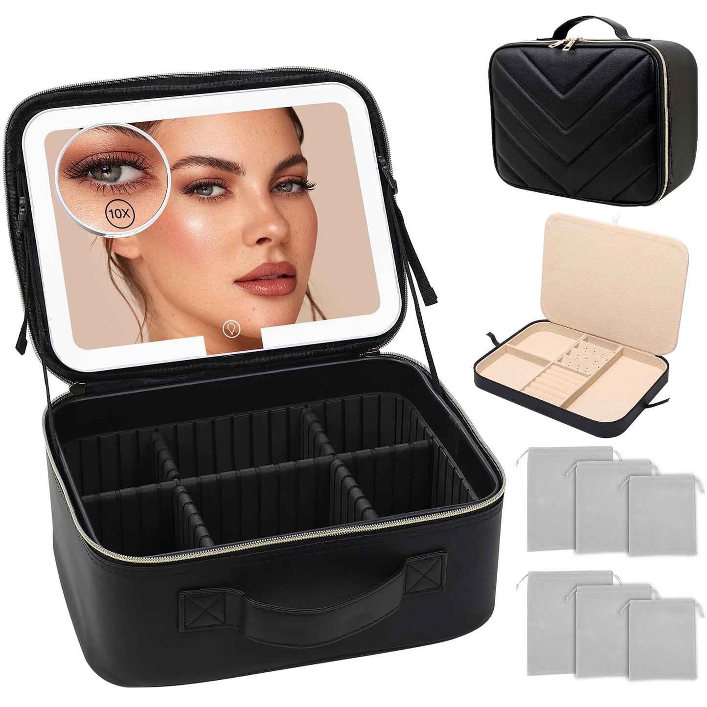 Travel Makeup Bag with LED Mirror, Large 12 Inch Cosmetic Train Case with Jewelry Organizer, 10X Magnifying Mirror, Adjustable Dividers for Cosmetics Makeup Brushes Toiletry, Includes 6 Velvet Pouches