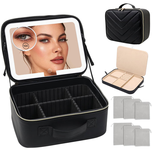 Travel Makeup Bag with LED Mirror, Large 12 Inch Cosmetic Train Case with Jewelry Organizer, 10X Magnifying Mirror, Adjustable Dividers for Cosmetics Makeup Brushes Toiletry, Includes 6 Velvet Pouches