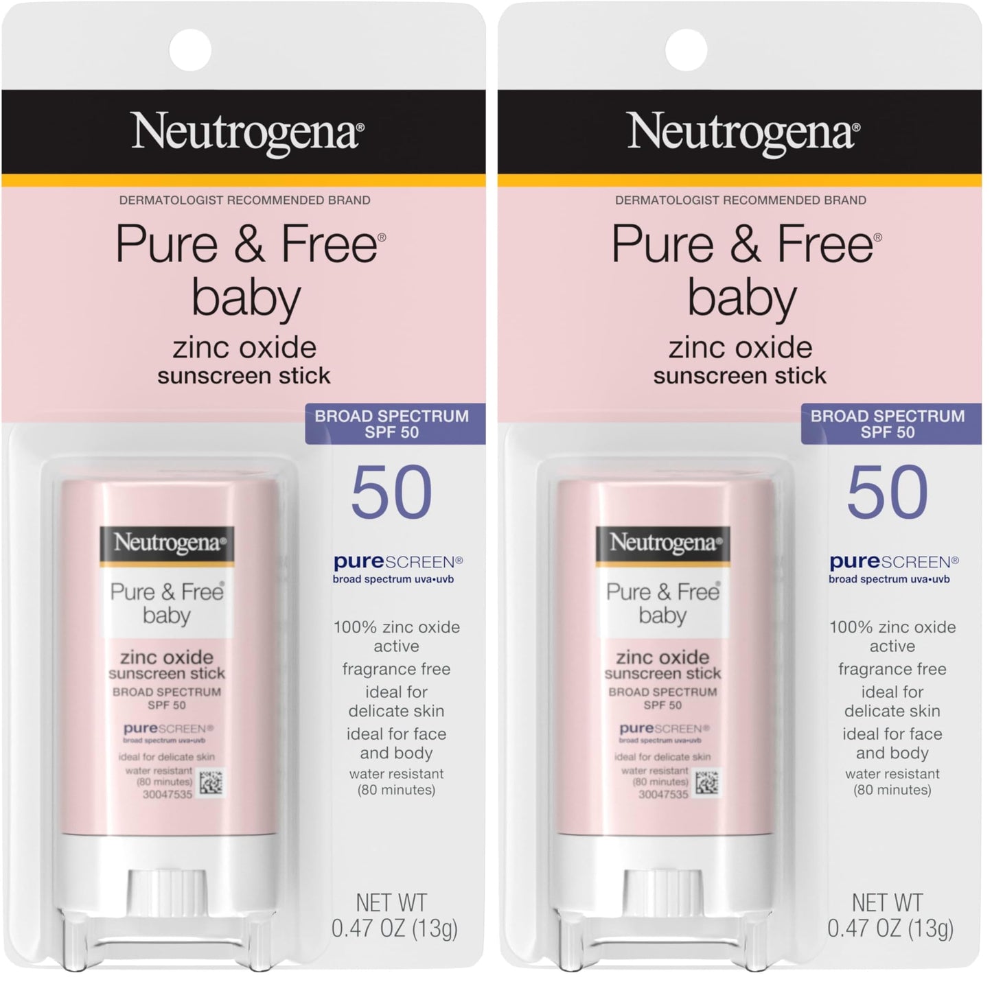 Neutrogena Pure & Free Baby Mineral Sunscreen Stick with Broad Spectrum SPF 50 & Zinc Oxide, Water-Resistant, Hypoallergenic, Paraben-, Dye- & PABA-Free Baby Face & Body Sunscreen, 0.47 oz (Pack of 2)