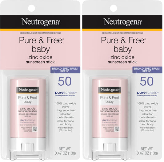 Neutrogena Pure & Free Baby Mineral Sunscreen Stick with Broad Spectrum SPF 50 & Zinc Oxide, Water-Resistant, Hypoallergenic, Paraben-, Dye- & PABA-Free Baby Face & Body Sunscreen, 0.47 oz (Pack of 2)