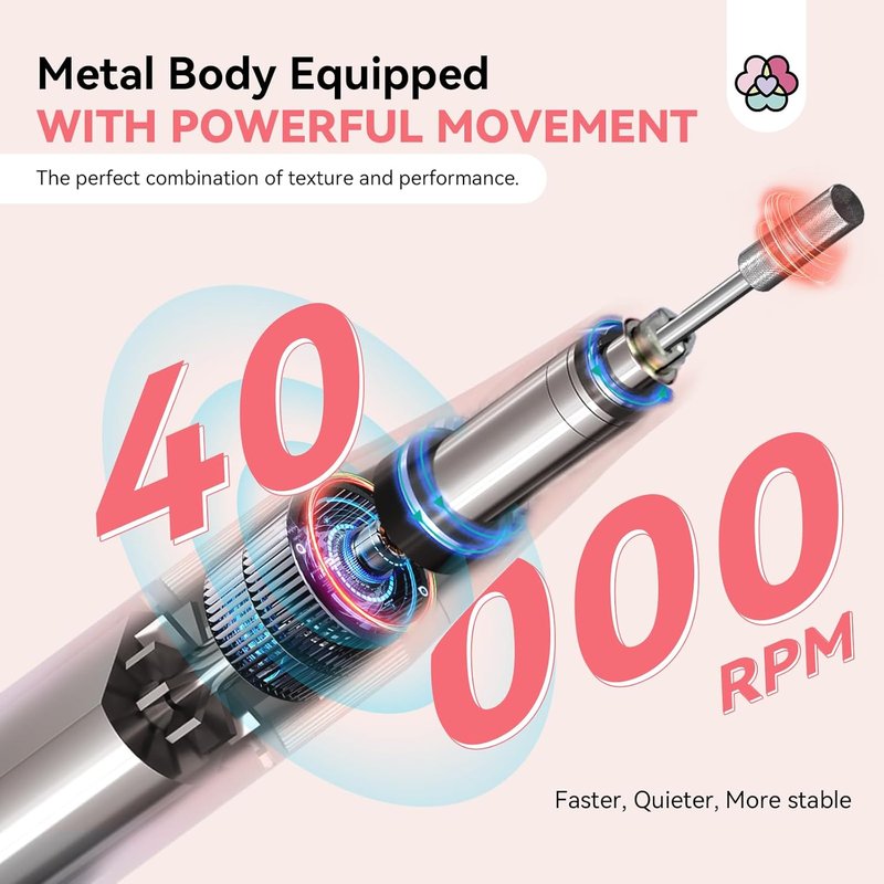 Professional Nail Drill - 40000RPM Rechargeable Electric Filer Kit | Pink, 6000mAh Battery for Acrylic Nails, Home Salon Use